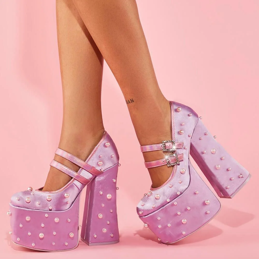 Pink Round Toe Pumps Satin Buckle Platform Pumps Pearl Block Heels Nicepairs