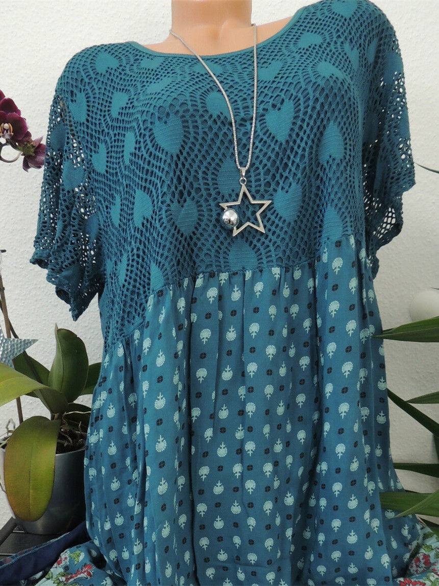 Women Short Sleeve Scoop Neck Floral Printed Lace Stitching Tops