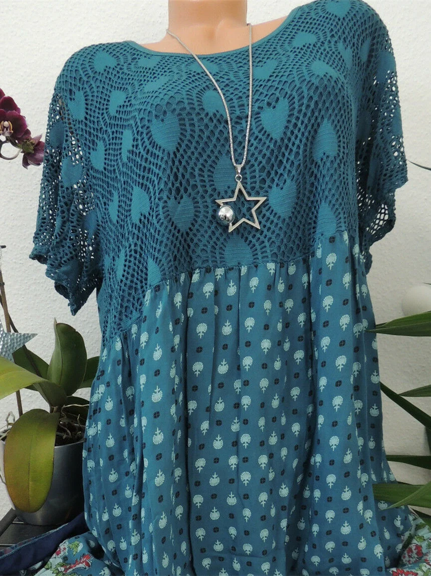 Women Short Sleeve Scoop Neck Floral Printed Lace Stitching Tops