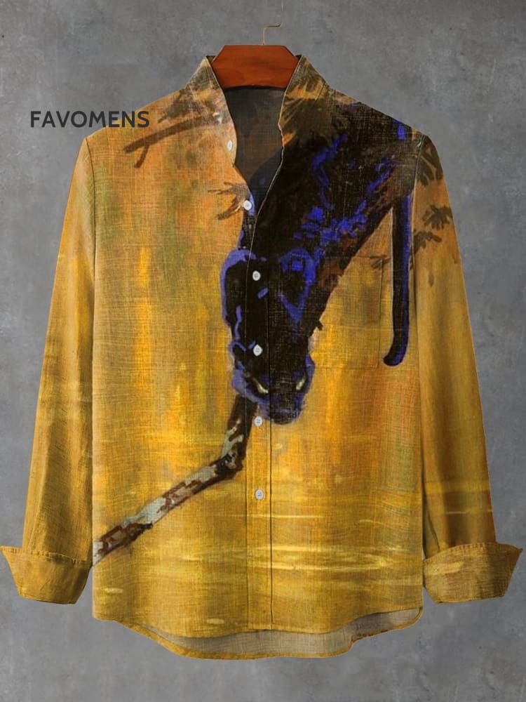 Retro Black Panther On Tree Branch Art Print 100% Cotton Long Sleeve Shirt Multicolor / S