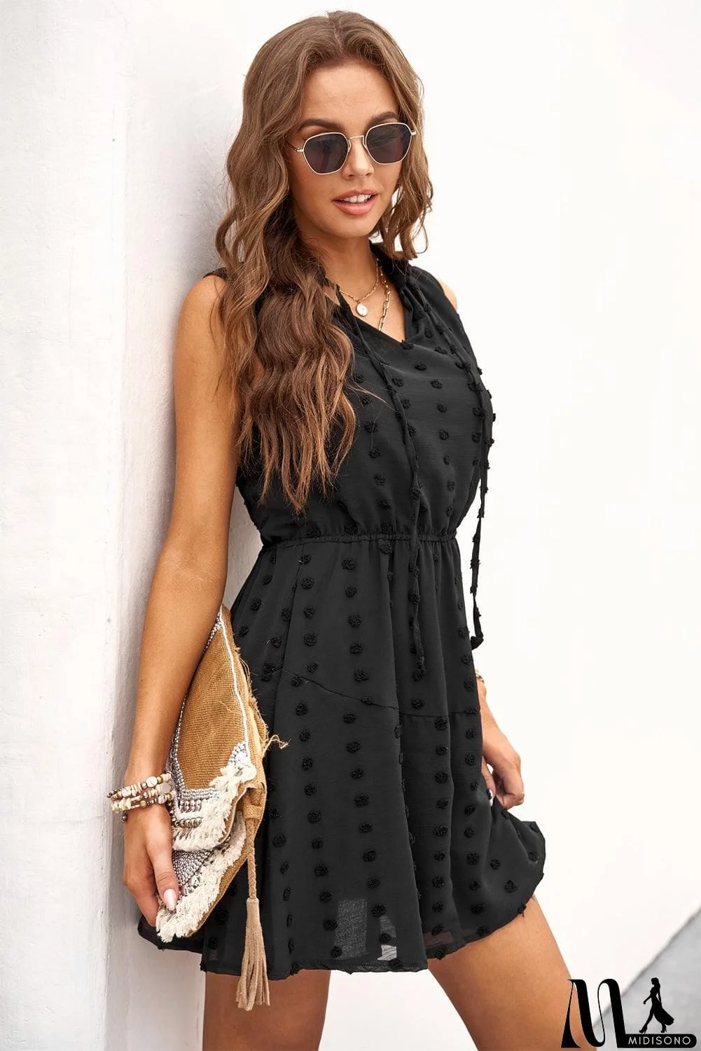 MidiSono - Swiss Dot Tie-Neck Sleeveless Dress