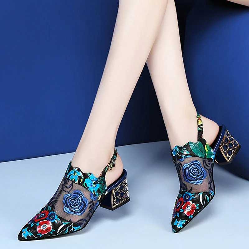 2020 High Heels Sandals,Woman Mesh Summer Shoes,Women Pumps Pointed toe,Ankle Buckle Strap,Ethnic Embroidery Flower,Handmade
