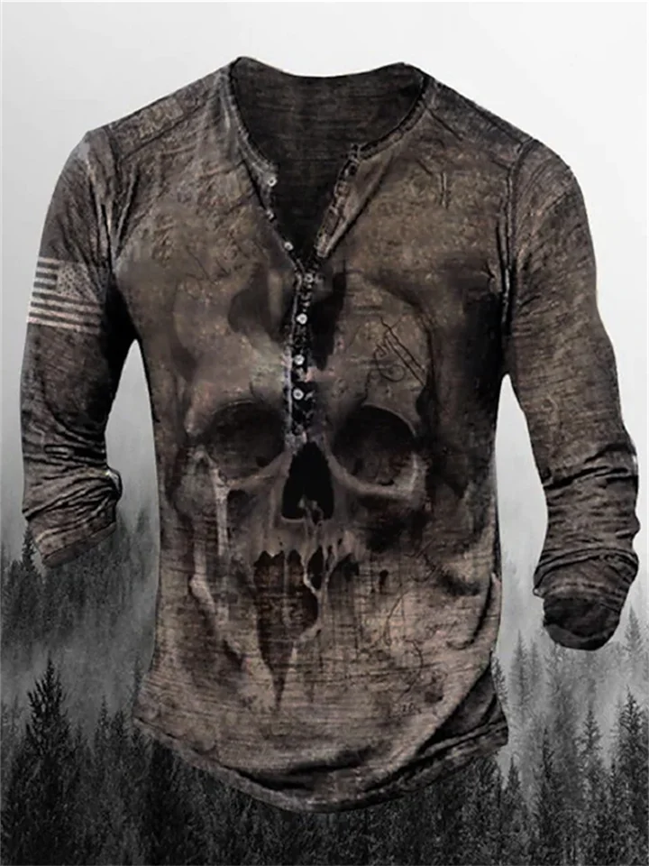 Men's Henley Shirt T shirt Tee Graphic Skull Henley Army Green Khaki Brown Gray Plus Size Street Casual Long Sleeve Button-Down Print Clothing Apparel Basic Vintage Casual Classic-Cosfine
