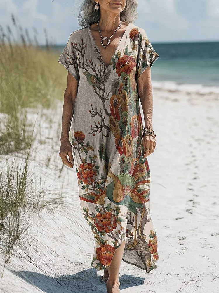 Women's Vintage Floral Colorful Art Print Pocket Cotton Dress