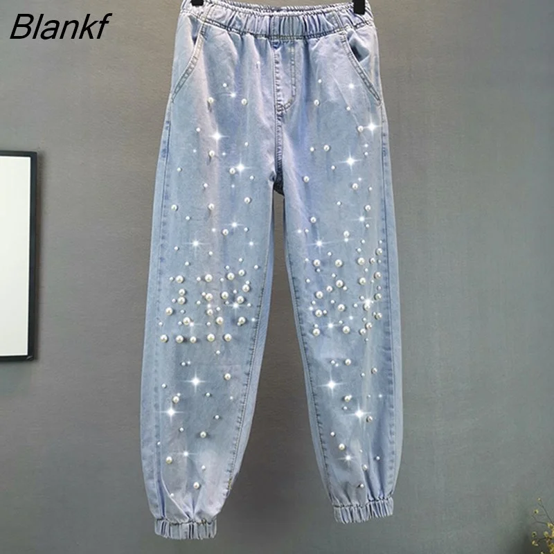 Blankf Brand Jeans 5XL Women's Casual Loose Denim Ankle-Length Pants Elastic Waist Beading Harem Denim Trousers