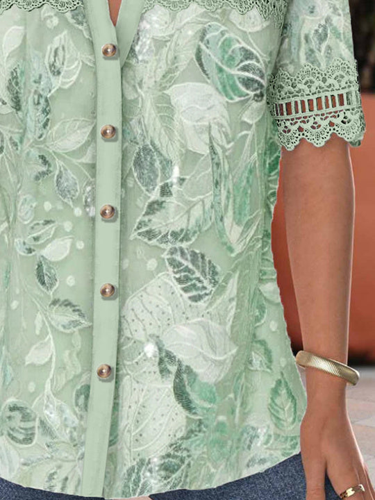 Women's Short Sleeve V-neck Lace Graphic Hollow Stitching Top