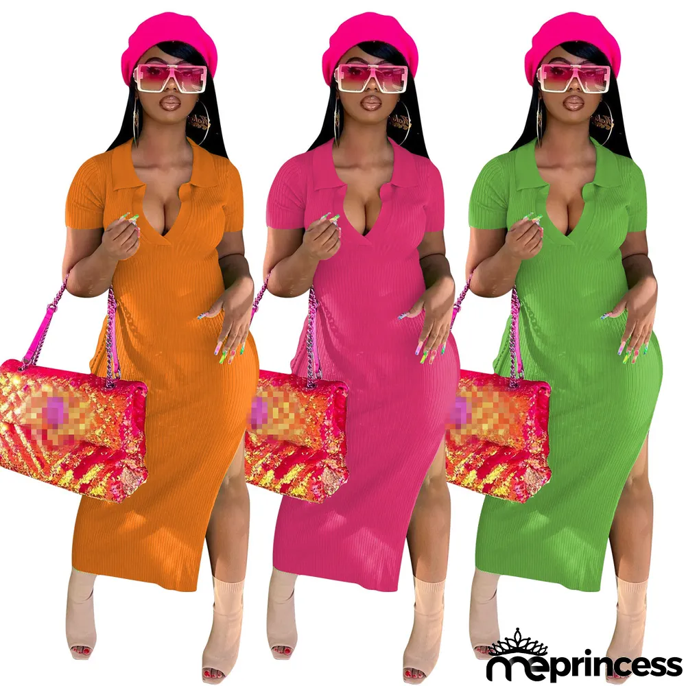 Solid Ribbed Short Sleeve High Split Midi Dress