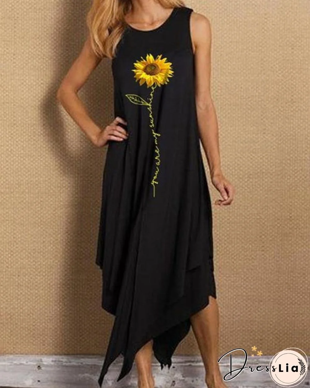 Sleeveless Sunflower Print Irregular Hem Holiday Midi Dress