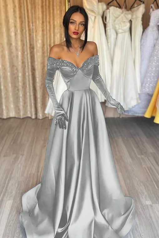 Hidais Glamorous Black Off the Shoulder Long Sleeves A Line Evening Dress with Appliques