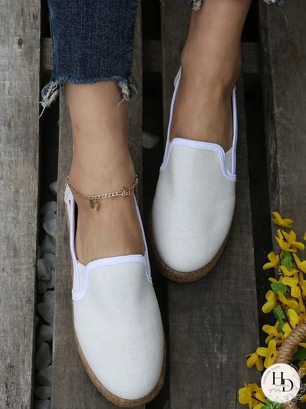 Black White Canvas Straw Platform Loafers