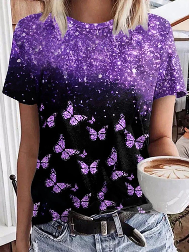 Women's Purple Twinkle Butterfly Printing T-shirts