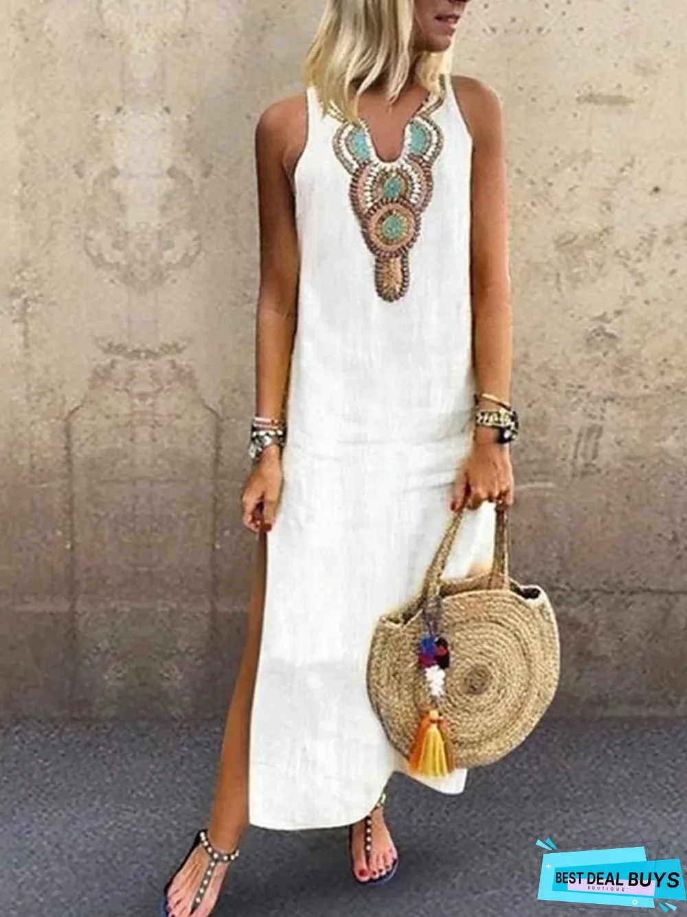 Women's Blazer Dresses Maxi Long Dress - Sleeveless Tribal Split Print Summer V Neck Plus Size Hot Casual Boho Holiday Beach White Yellow Wine Green Gray White Dresses