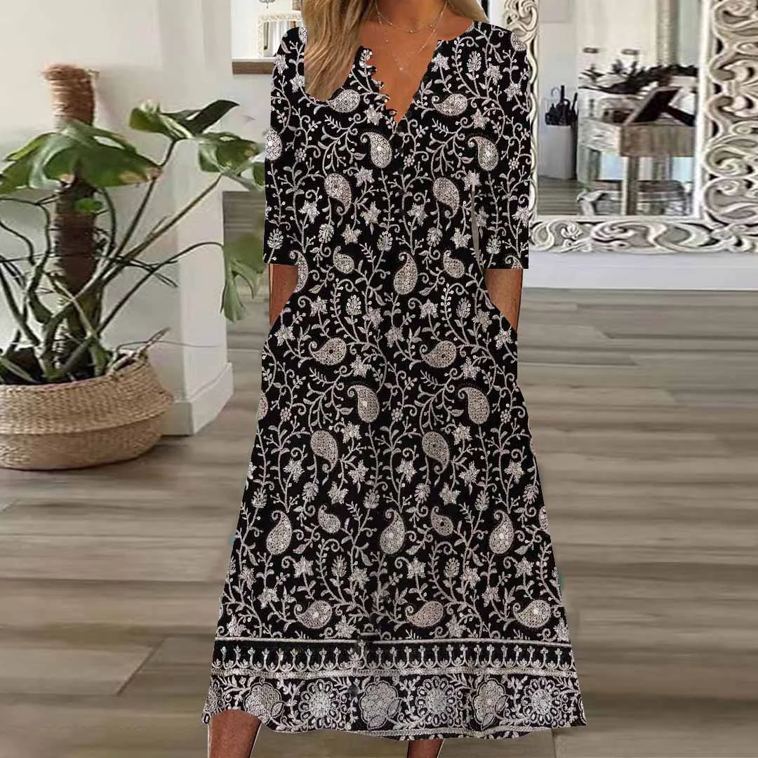 Women Graphic,Black DZHB8389 Long Sleeve V-Neck Graphic Printed Midi Dress