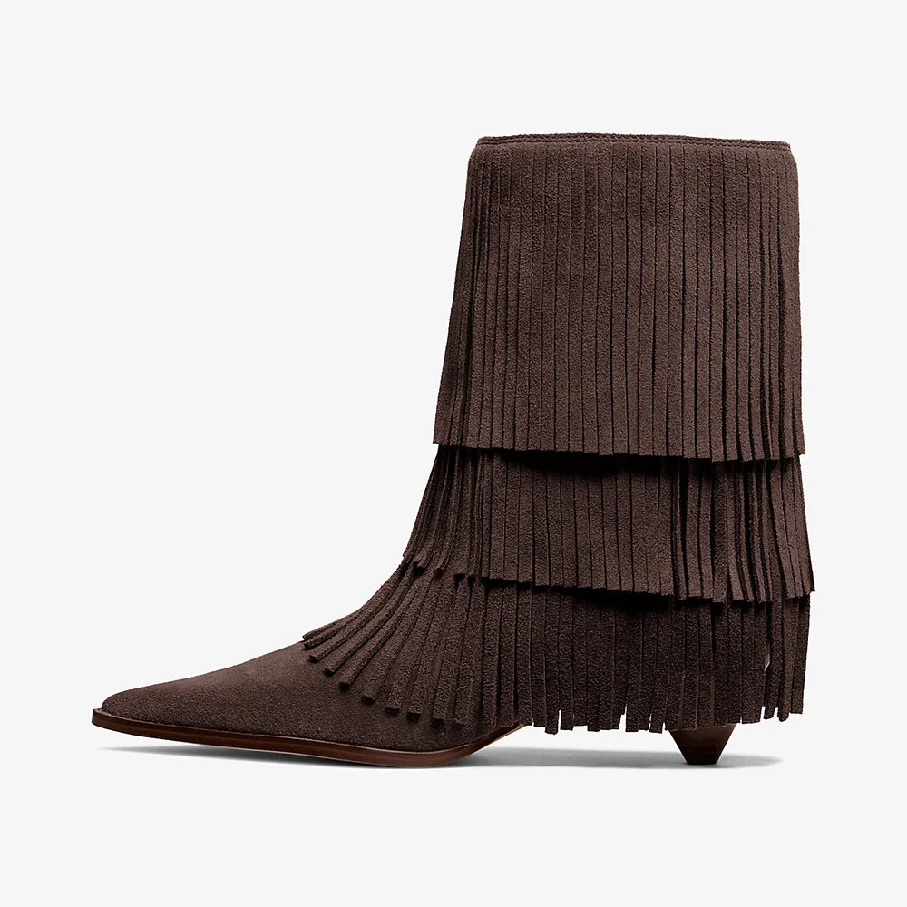 Women's Brown Vegan Suede Pointed Toe Cone Heel Fringe Booties