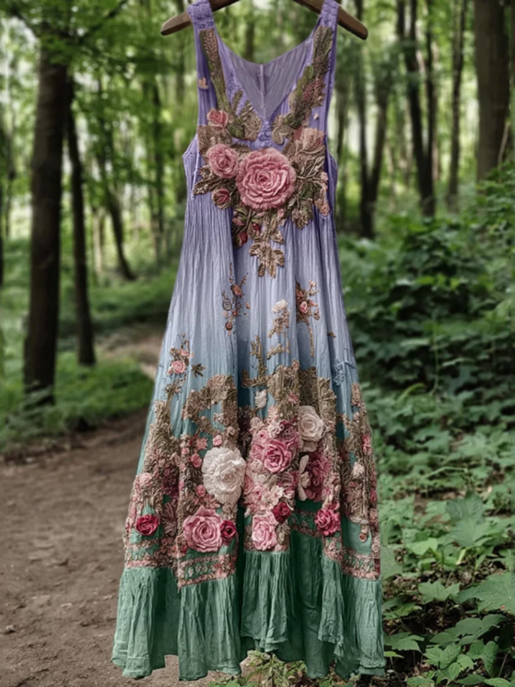 Vintage Classy Boho Gradient Pink Roses Embroidered Linen Maxi Dress