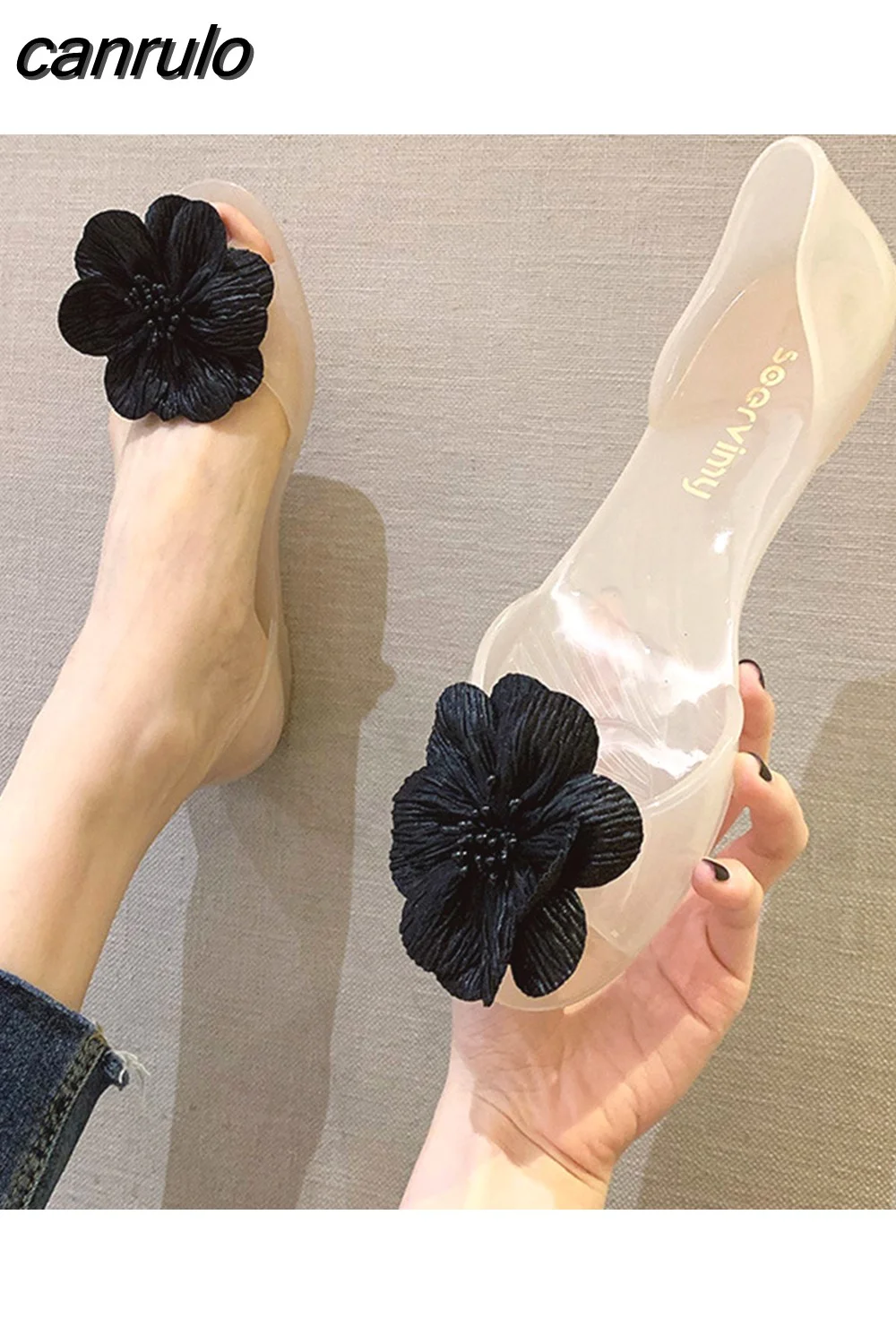 canrulo Flats Women Low Price Shoes With Flower PVC Jelly Sandals Summer 2023 Elegant Fashion Free Shipping Beach Ladies Slippers