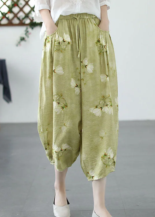 Chic Green Print Pockets Patchwork Linen Harem Pants Summer