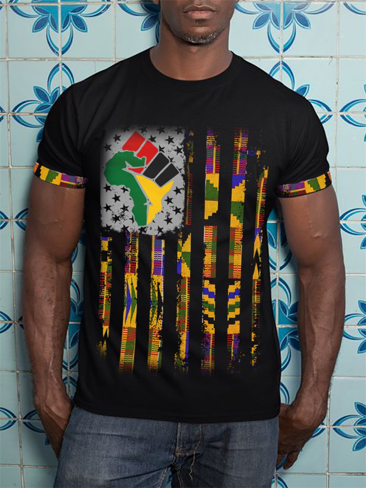 Men's Juneteenth Africa Map Kente Inspired Flag Graphic T Shirt