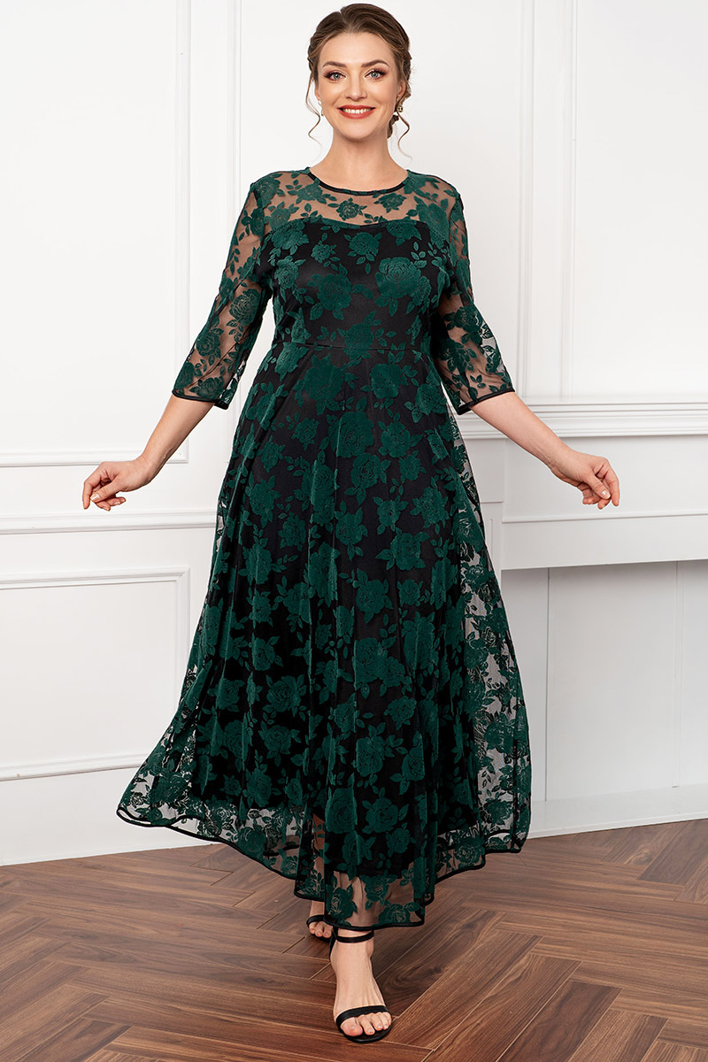 Flycurvy Plus Size Mother Of The Bride Green Rose Embroidery Double Layer Tunic Maxi Dress