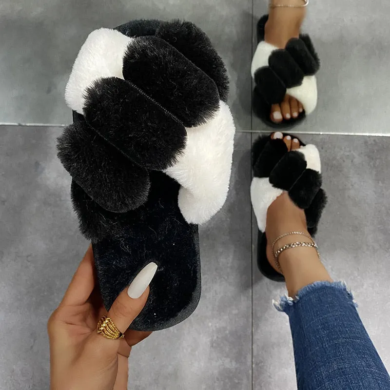 Newest Mixed Colors Fluffy Slippers Autumn Winter Home Slippers Women Furry Fur Slides Outdoor Women's Sandals 2021 Flip Flops