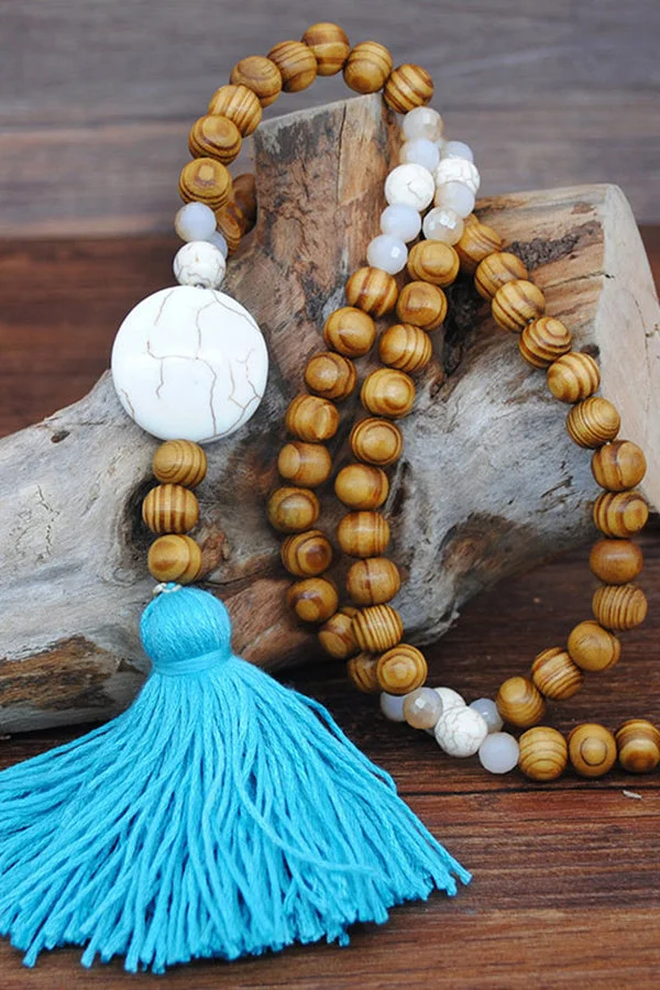 Handmade Wooden Beaded Tassel Sweater Chain - Blue Round