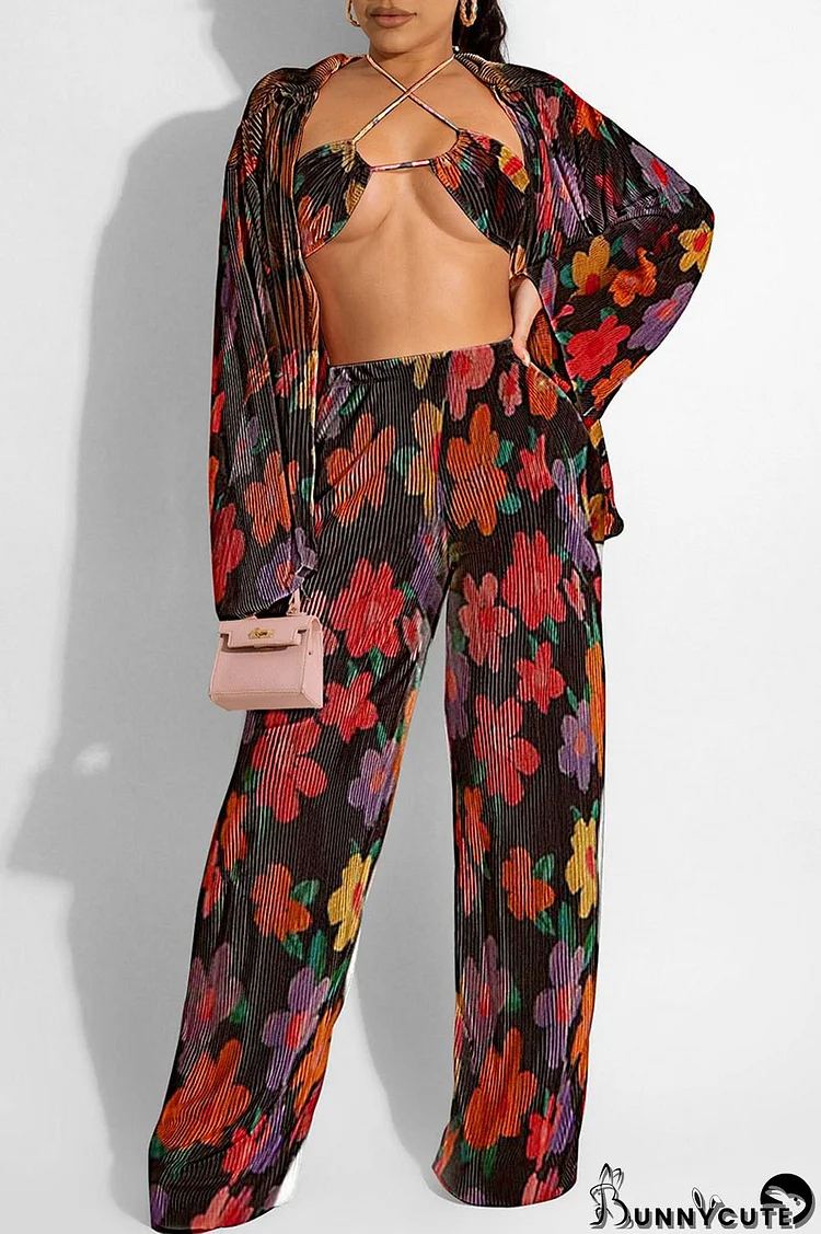 Red Black Sexy Print Patchwork Turndown Collar Long Sleeve Three Pieces