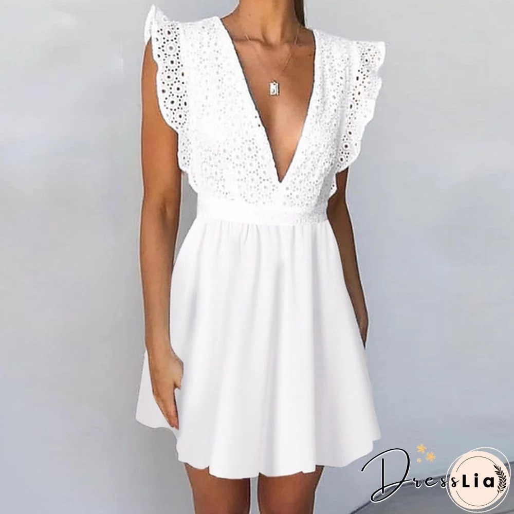 Summer Women Sleeveless Tank Dress Lace Stitching V-neck Ruffle Party Casual Solid Mini Dress Vestidos