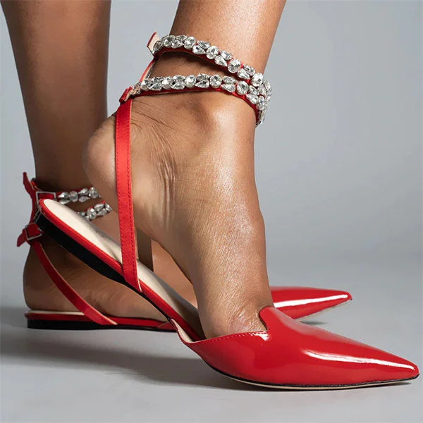 Patent Leather Pointed Toe Adjustable Ankle Strap Flats