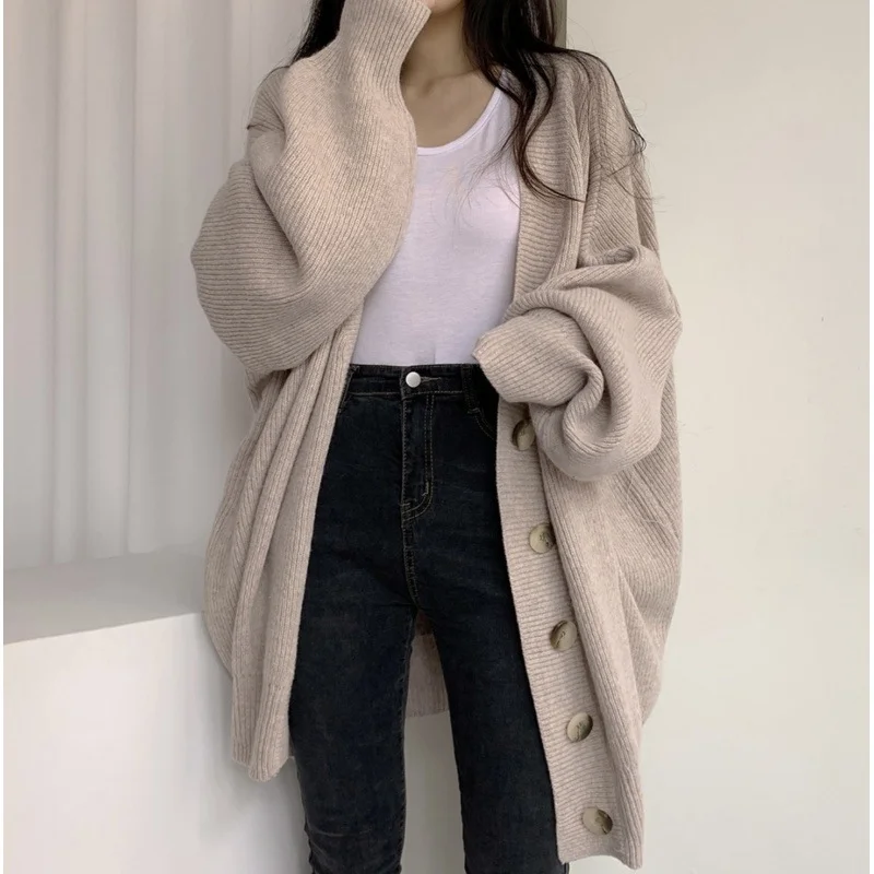 Brownm Brownm Chic Autumn And Winter Leisure Lazy Wind V-Neck Single Buckle Loose Lantern Sleeve Knitted Sweater Coat Woman