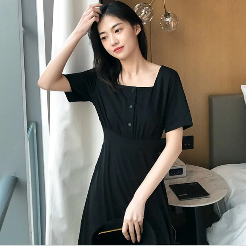 Dress Women Soft Purple Popular Summer Minimalist Female Midi Maxi Retro High Waist Skinny Square Collar Chiffon Pleated Leisure