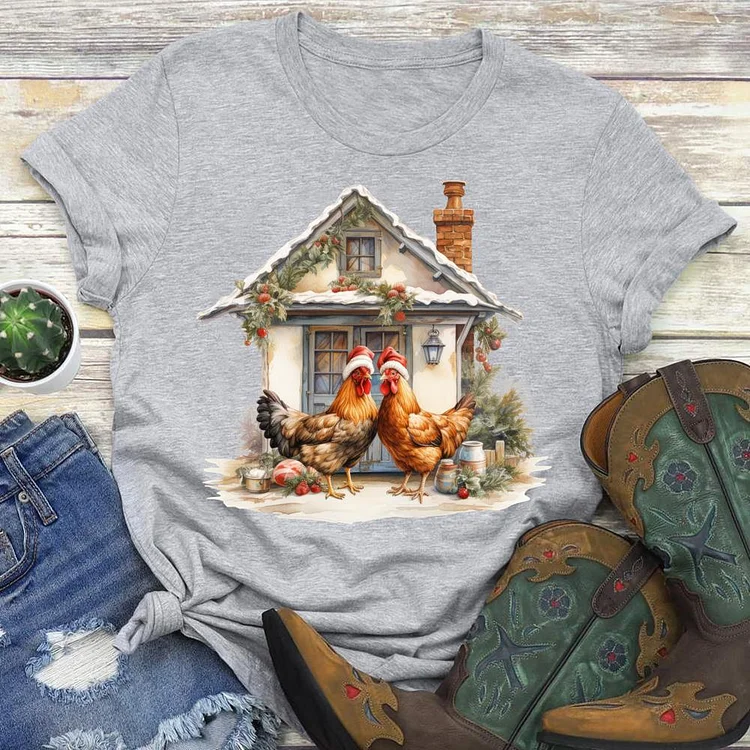 Christmas On The Farm Chicken Round Neck T-shirt-0019946