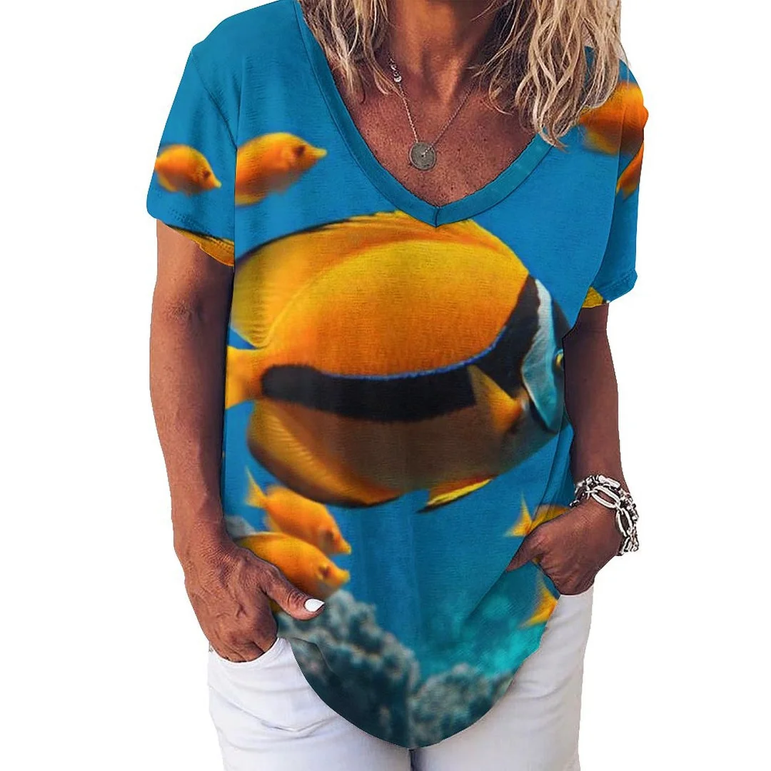 V-neck Short Sleeve Casual T-shirt for  Women Printed with Pattern Ocean, Blue, Sea, Fish