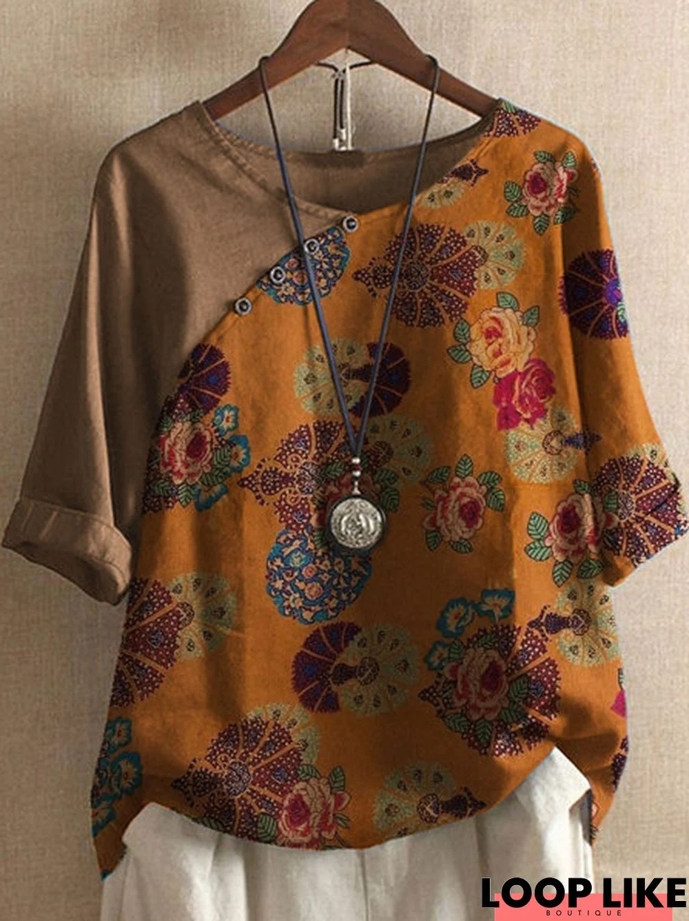 Khaki Vintage Floral Linen Floral-Print Shirts & Tops