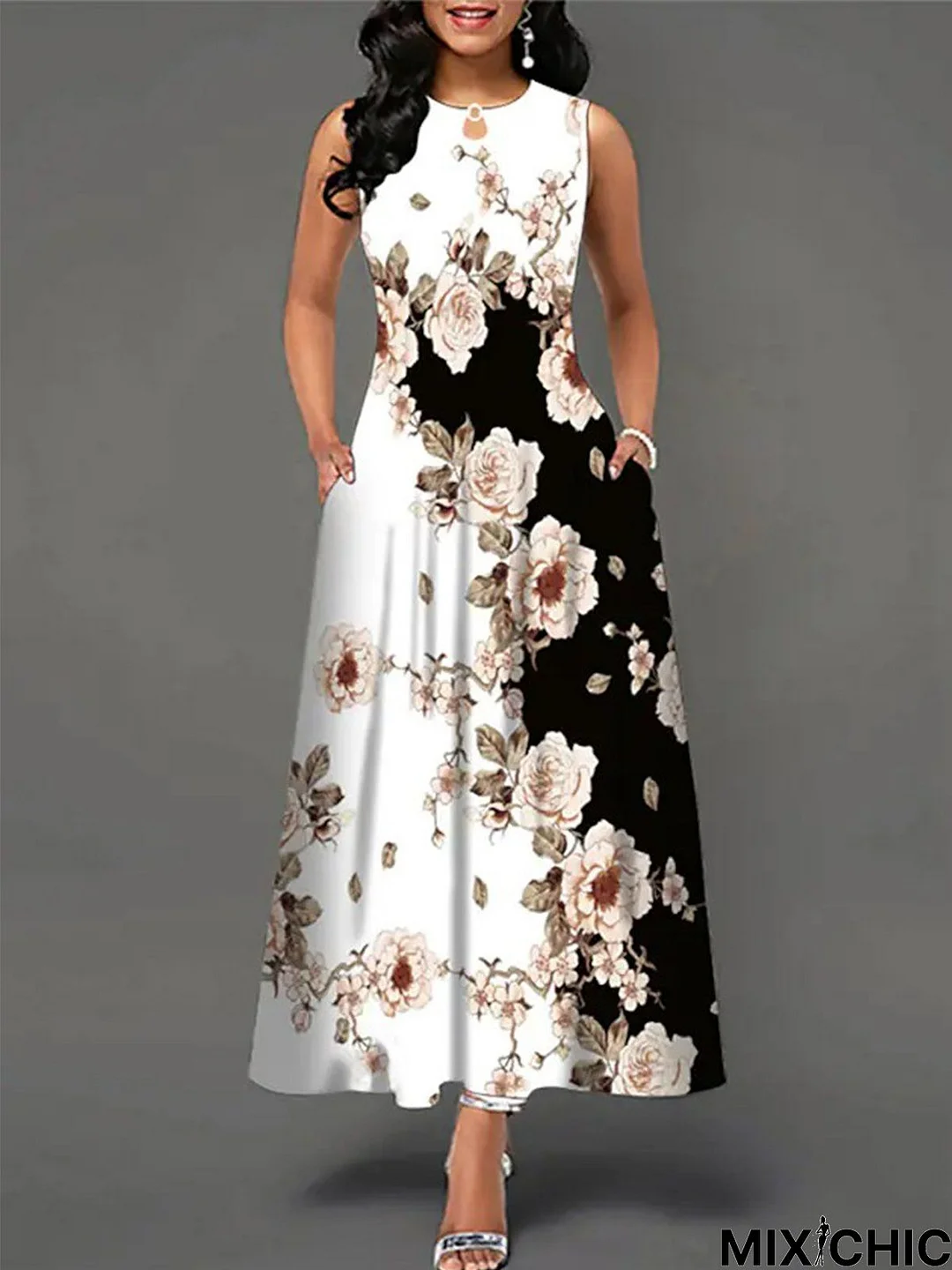 Floral Round Neck Sleeveless Dress