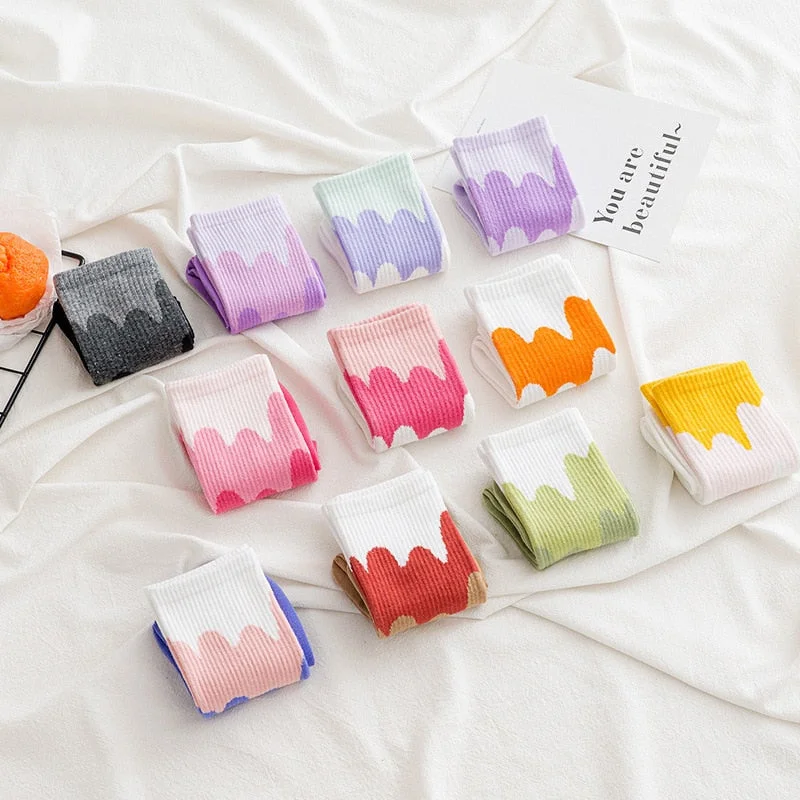 FINETOO 2Pairs/lot Women Midi Tube Socks Female Autumn Winter Candy Colors Korean Japanese Stitching Cotton Girls Graffiti Sock