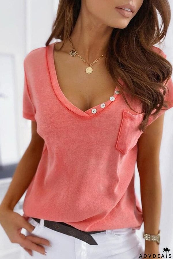 V Neck Button Pockets T Shirt