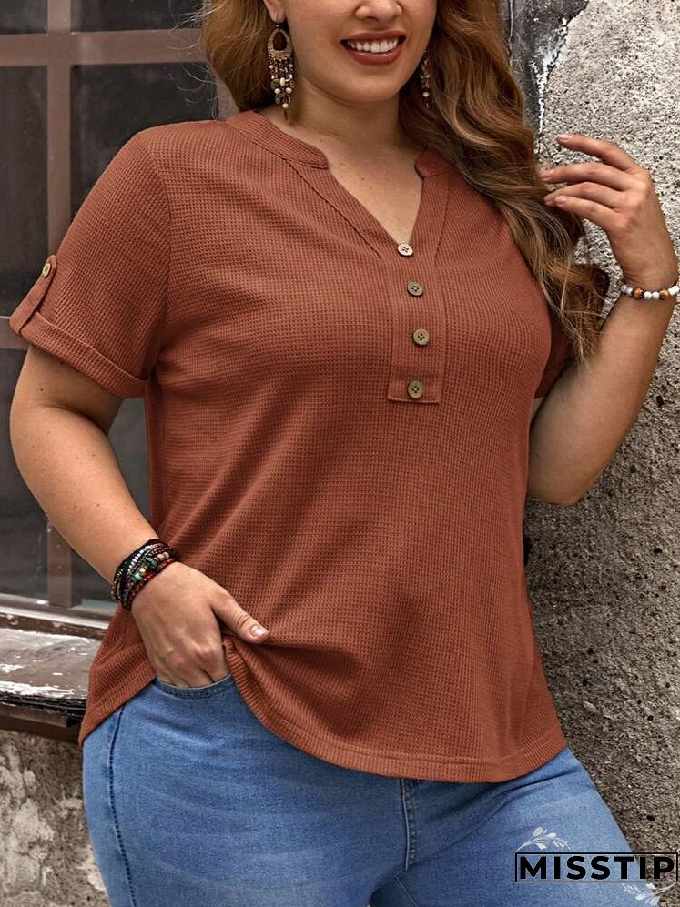 Plus Notched Neckline Roll Tab Sleeve Tee