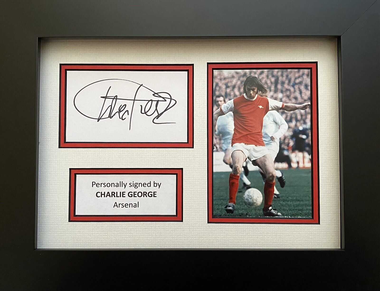 Charlie George Hand Signed White Card In A4 Arsenal Frame Display