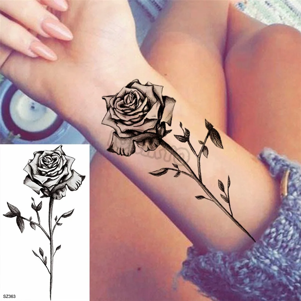 Black Rose Flower Temporary Tattoos For Women Girls Realistic Cosmic Moon Thorns Fake Tattoo Sticker Forearm Tatoos Legs Wedding