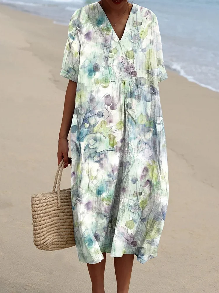 Women's Blue and Purple Watercolor Leaves Print Pocket Linen Dress