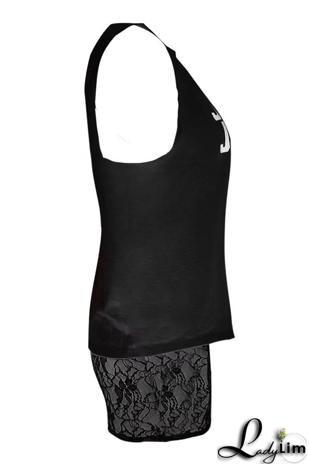 Black Sexy Street Letter Lace Frenulum O Neck Plus Size Two Pieces(Without Necklace)