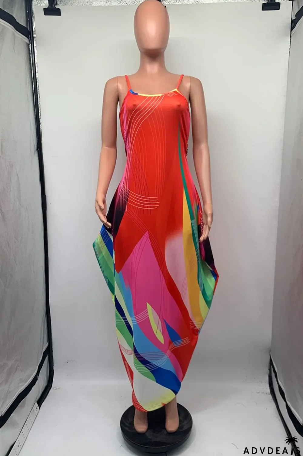 Red Fashion Sexy Print Backless Spaghetti Strap Sleeveless Dress