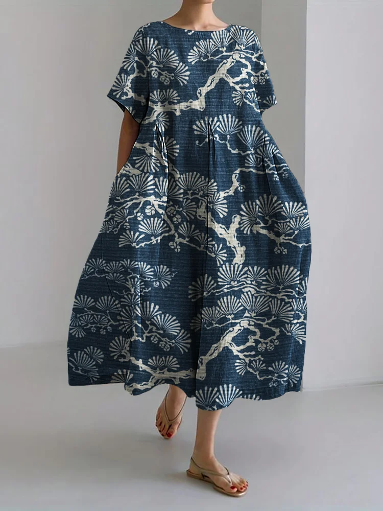Comstylish Pine Trees Japanese Lino Art Flowy Linen Blend Maxi Dress