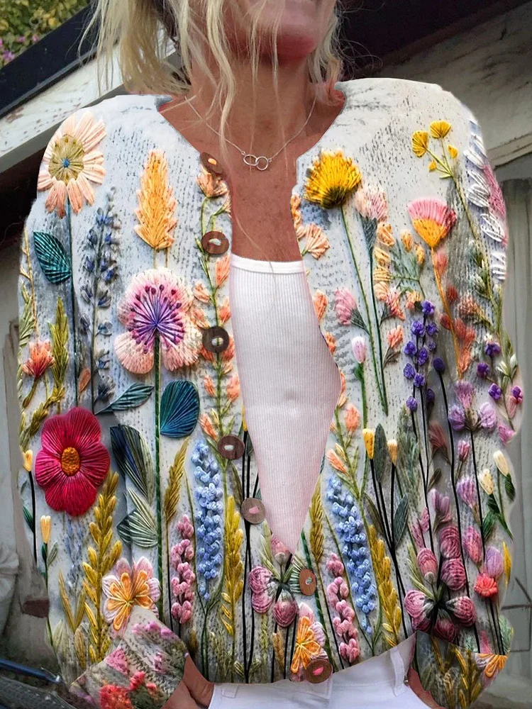 Vintage Floral Art Print Buttoned Cardigan Sweater