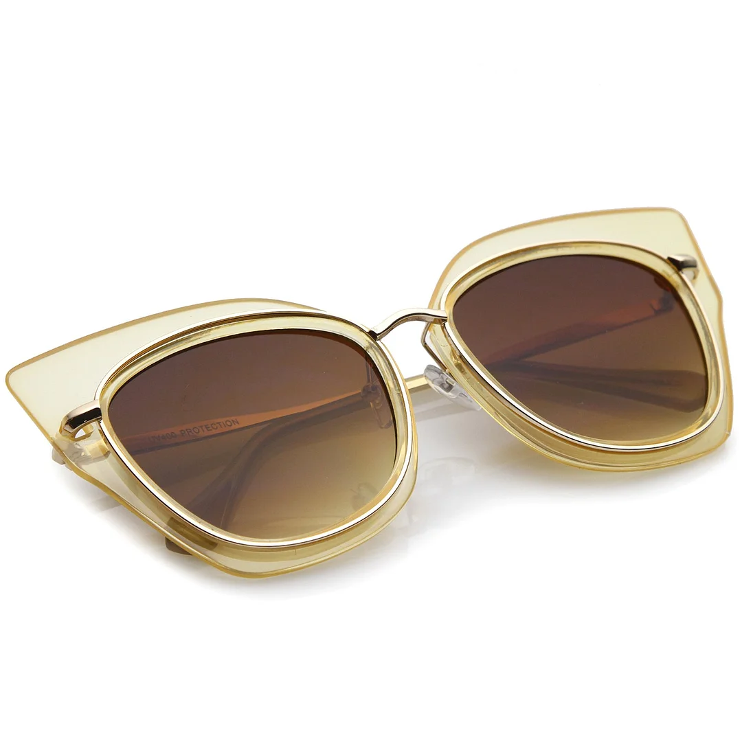 Women's Oversize Metal Trim Slim Arms Super Flat Lens Cat Eye glasses 57mm