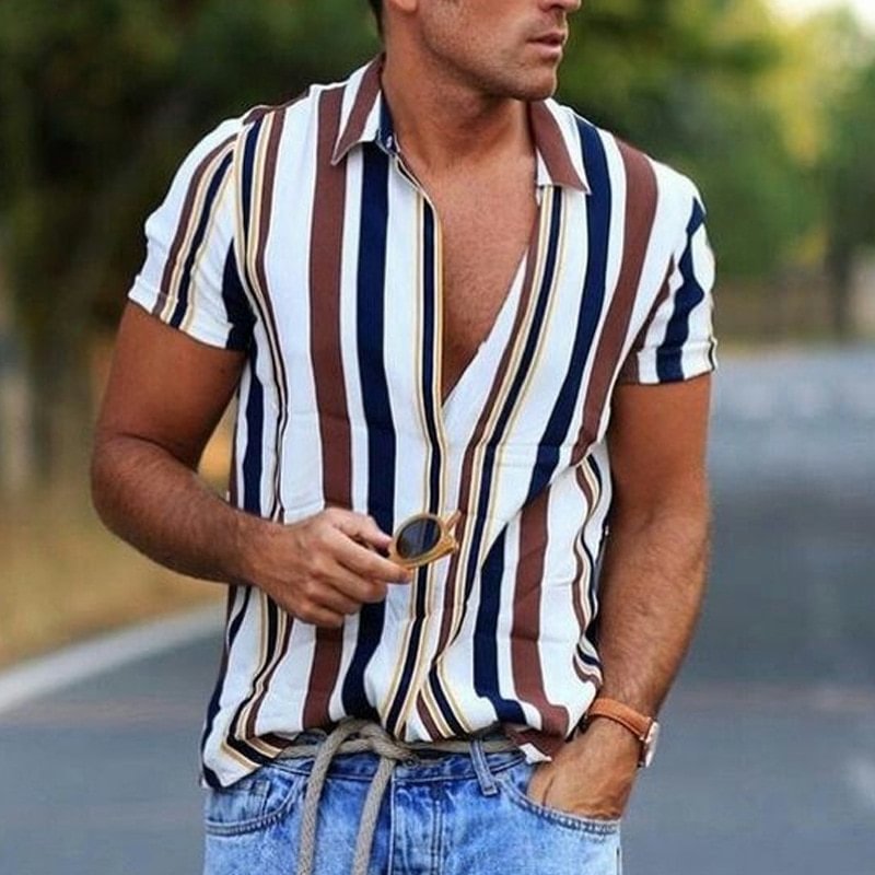 Summer Casual Tops Vintage Striped Pattern Short Sleeve Men's Shirts-VESSFUL