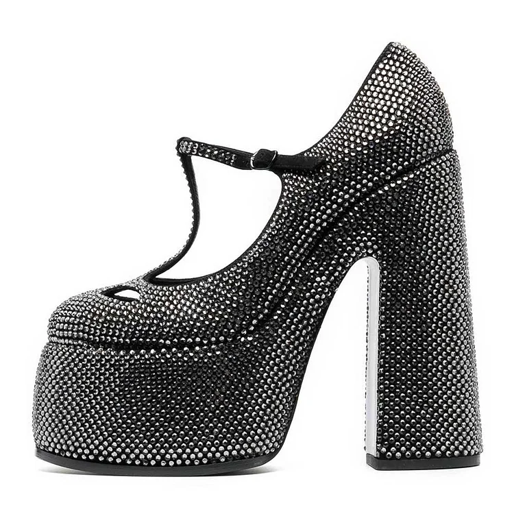 Black Rhinestone Vintage Shoes T-Strap Chunky Heel Platform Mary Janes |FSJ Shoes