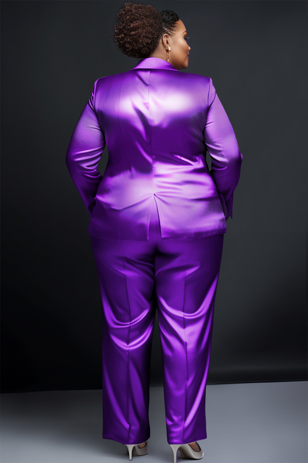 Design Plus Size Semi Formal Pant Sets Elegant Purple Turndown Collar Long Sleeve Satin Blazer Suit Two Piece Pant Sets With Pocket [Pre-Order]