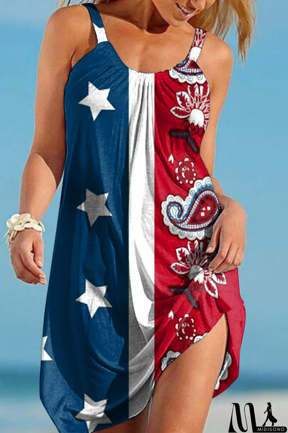 MidiSono - Blue Red Fashion Casual Print Basic O Neck Vest Dress