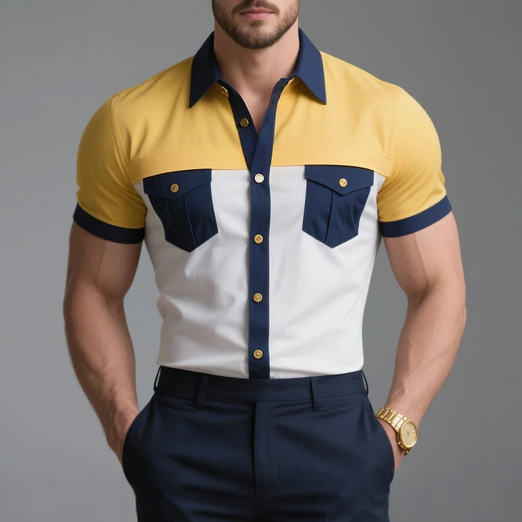 Okaywear Colorblock Turndown Collar Short Sleeve Button Flap Pocket Shirt Okaywear